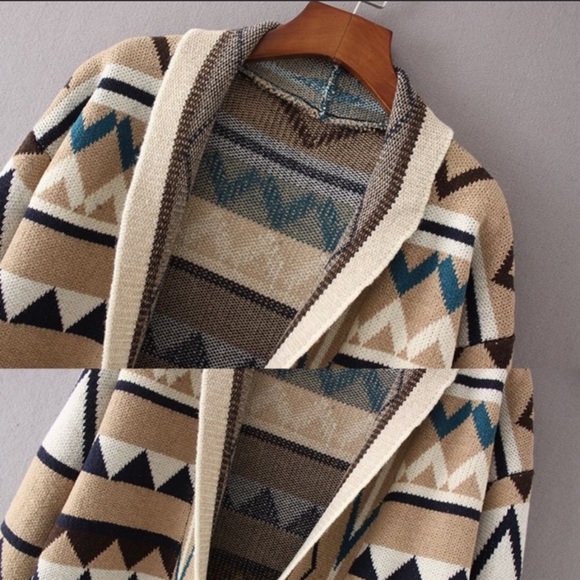 🛍️#320 Tan Tribal Print CardiganSweater - Picture 3 of 6